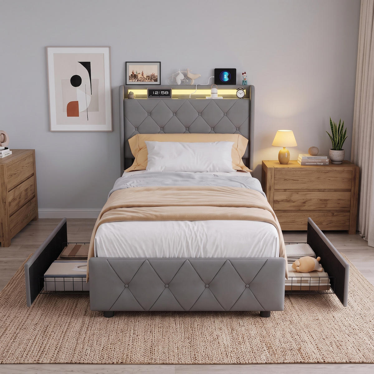 POLSTERBETT, LED-Beleuchtung Einzelbett 90x200cm mit Ladefunktion und 2 Schubladen, Samt, grau - Grau, Holz/Holzwerkstoff (90/200cm) - GENKI LIVING