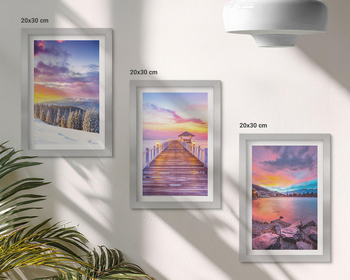 WANDBILDER 3er Set - 20x30 cm Silberner Rahmen - Winterliche Bergseelandschaft - Silberfarben, Kunststoff (20/30cm) - ArtPrintCave