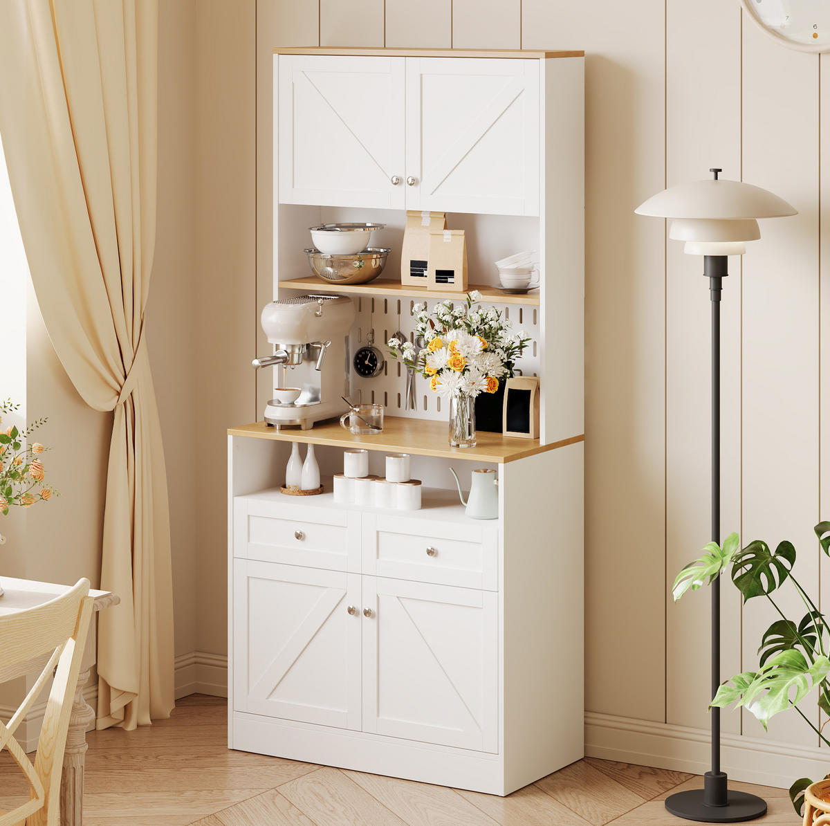 SIDEBOARD 80/40/175 cm mit Scheunentüren, Lochwand und viel Stauraum aus MDF und Spanplatte, Weiß/Natur - Weiß, Holzwerkstoff (80/175/40cm) - Redom