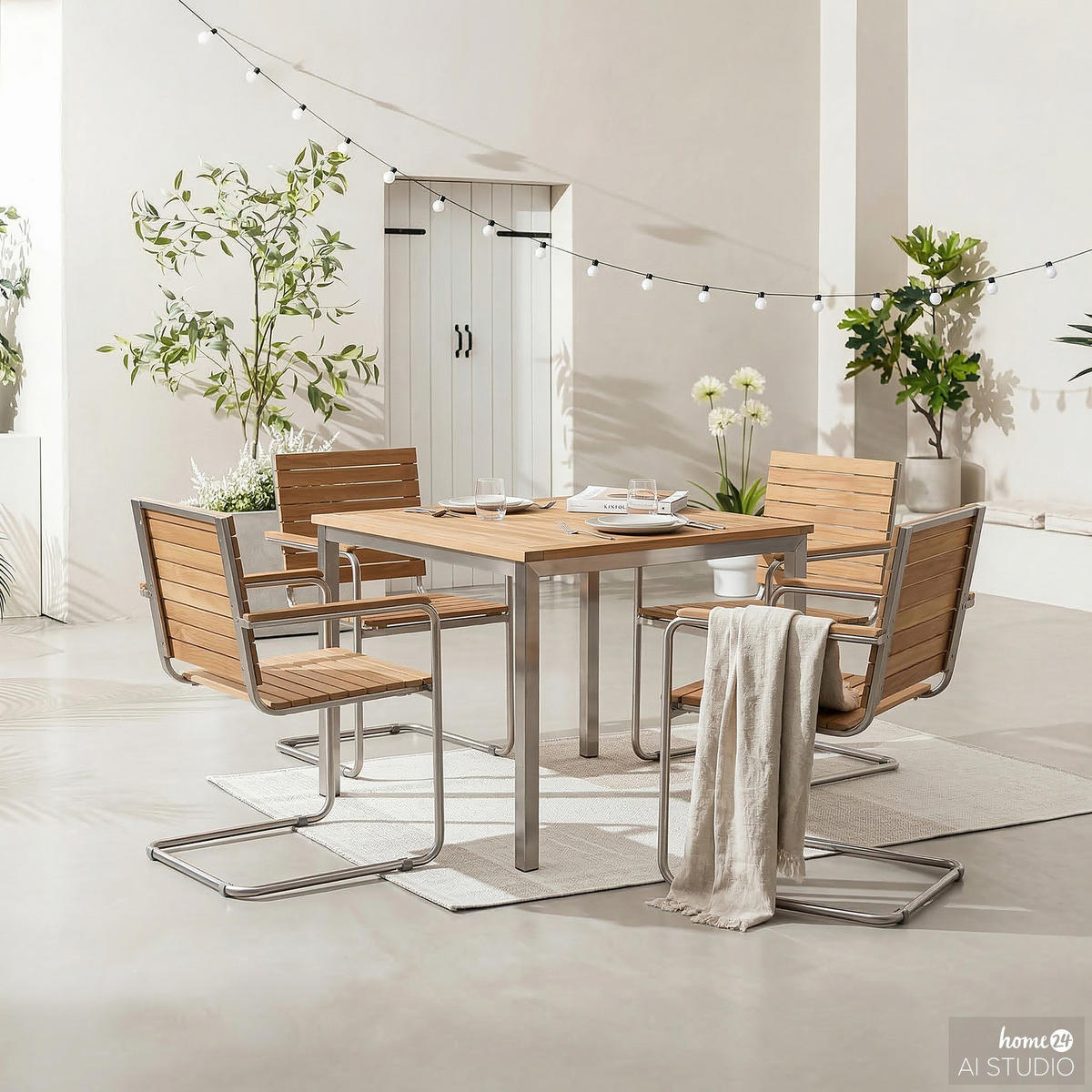 ESSGRUPPE - Teak massiv / Edelstahl - 5-teilig - Silberfarben/Braun, Holz/Metall - home24