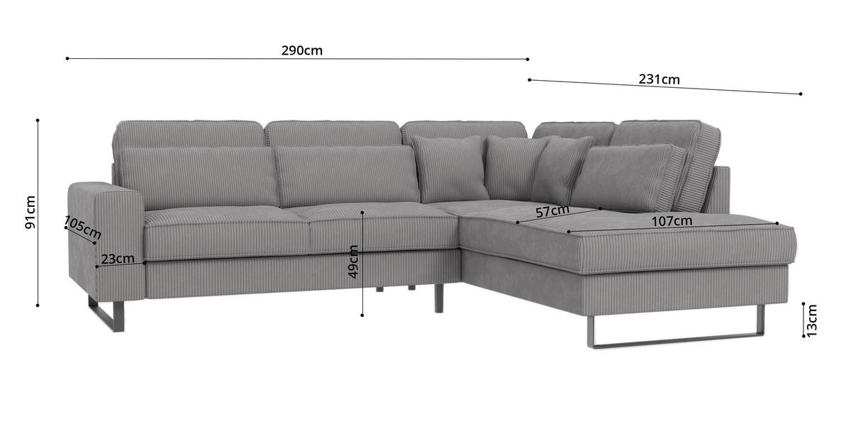 ECKSOFA Floe Hellgrau Cord - Hellgrau/Schwarz, Holz/Kunststoff (290/231cm) - S-Style Möbel