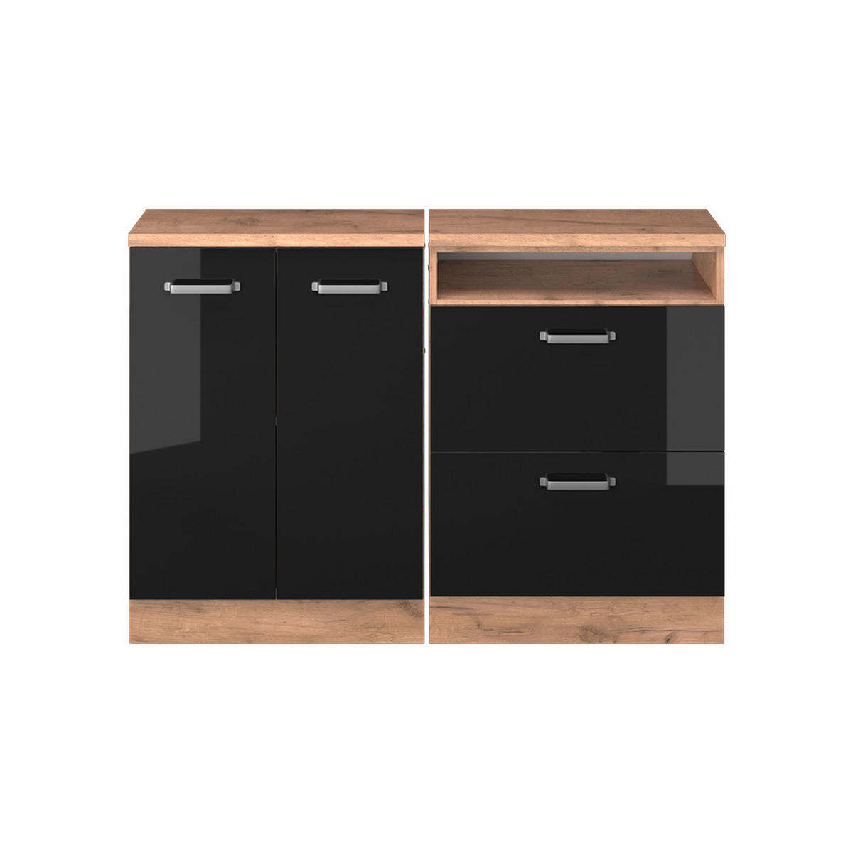 KUHINJSKI ORMAR ZA KOSINE KROVA R-Line Sjajna Crna 120 cm Set od 2 korpusa ormara, dubina 60 cm - hrast medunac/crna visoki sjaj, drvni materijal (120/83.8/60cm) - Vicco