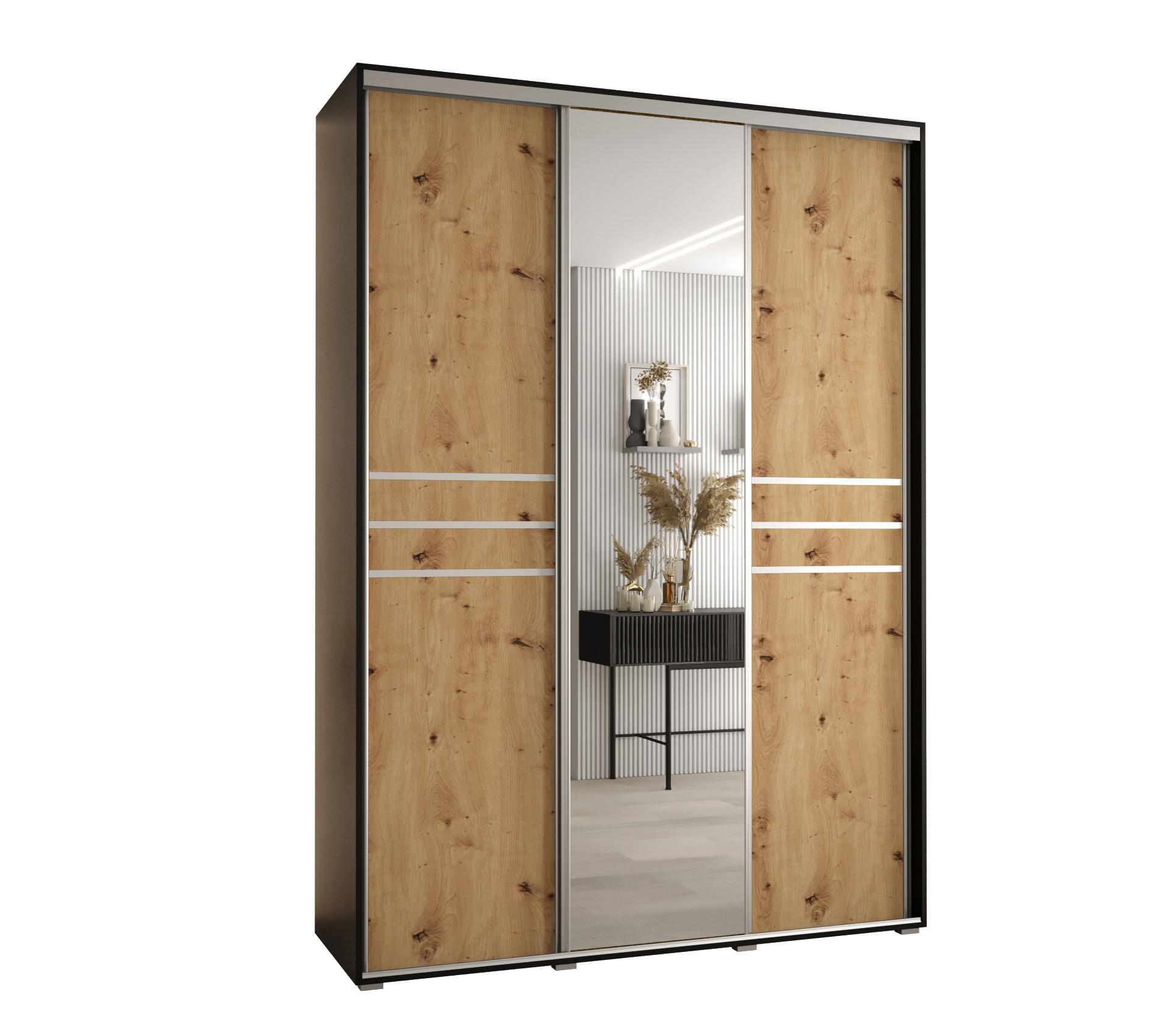 Abiks Möbel Schwebetürenschrank Schwarz, Eiche Artisan, Silber 180x235x60 cm