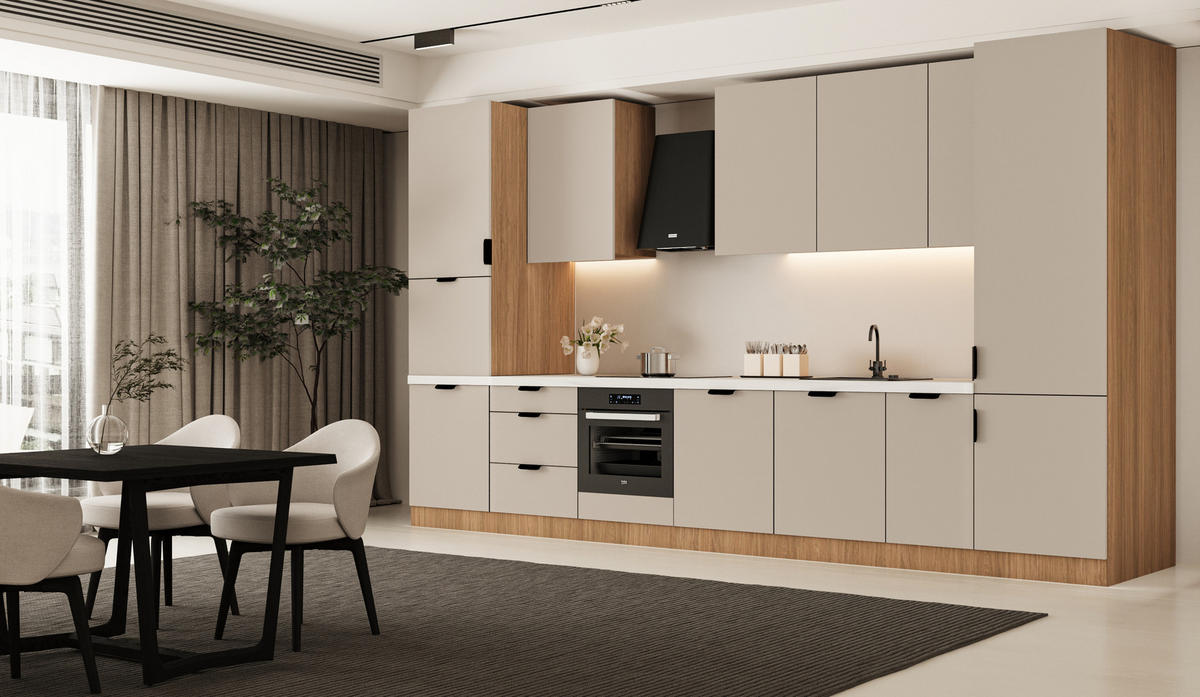 KÜCHENZEILE 400 cm - Sorento KS9-M400 - in Beige / Sonoma Eiche - Beige/Schwarz, Holz/Metall (400/247/58cm)