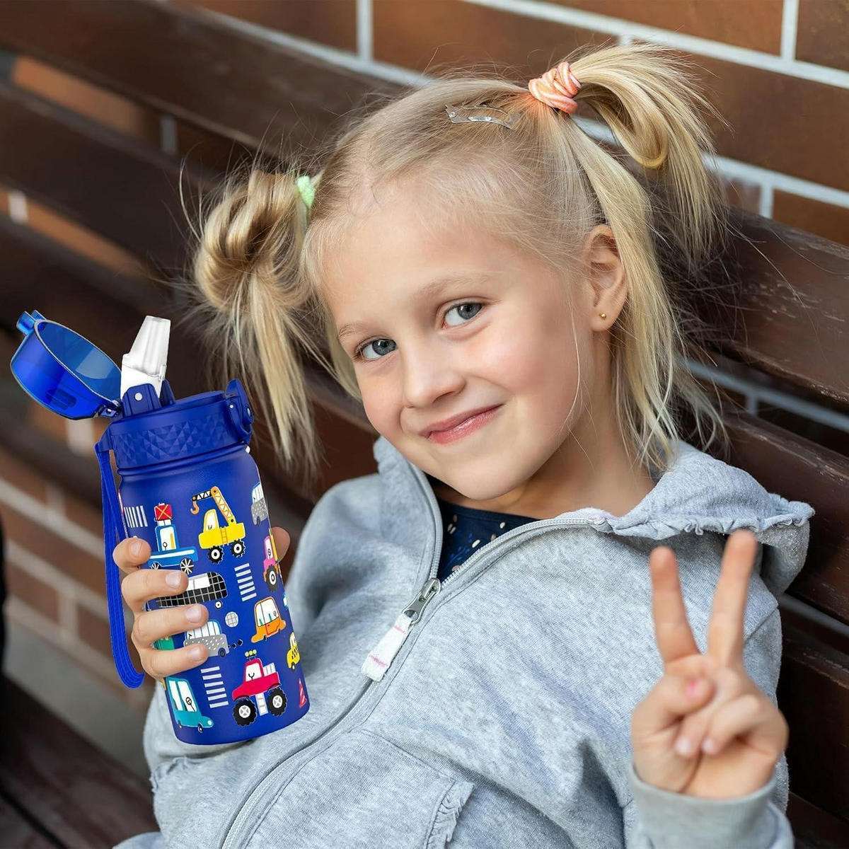 TRINKFLASCHE Kinder 420ml Edelstahl mit Strohhalm und auslaufsicherem Deckel Blaues Baufahrzeug - Blau, Metall (7.5/7.5cm)