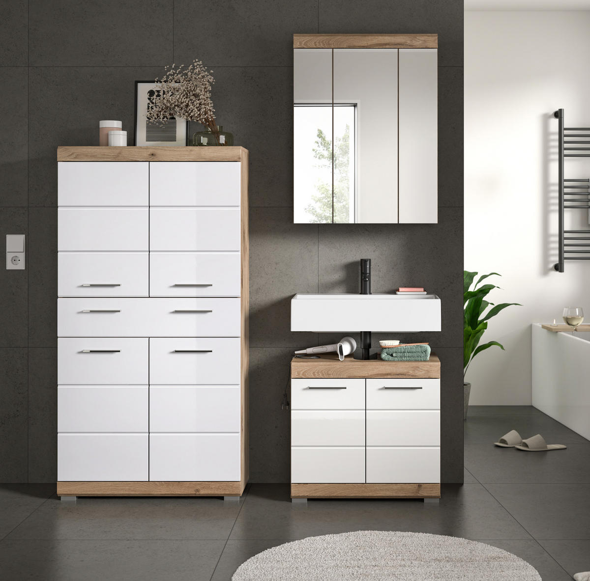 BADMÖBEL-SET weiß Hochglanz, Eiche 3-teilig 149 cm mit viel Stauraum - Weiß Hochglanz/Eichefarben, Glas/Holzwerkstoff (149/191/34cm) - Inn.Furn
