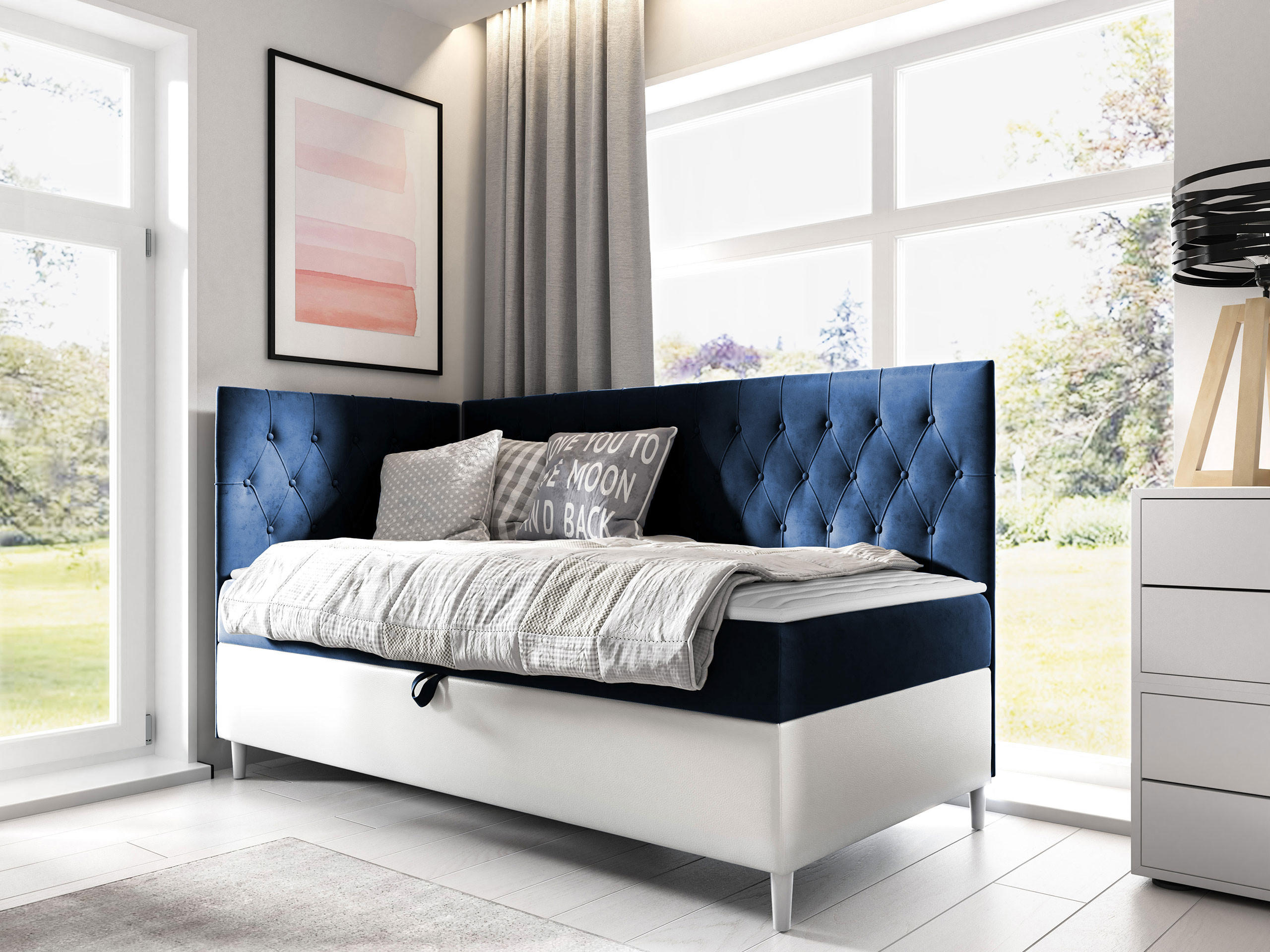 BOXBETT Filip Junior 3, Seite zum Öffnen des Bettkastens: Links - Blau/Weiß, Holz (100/200cm) - MIRJAN24