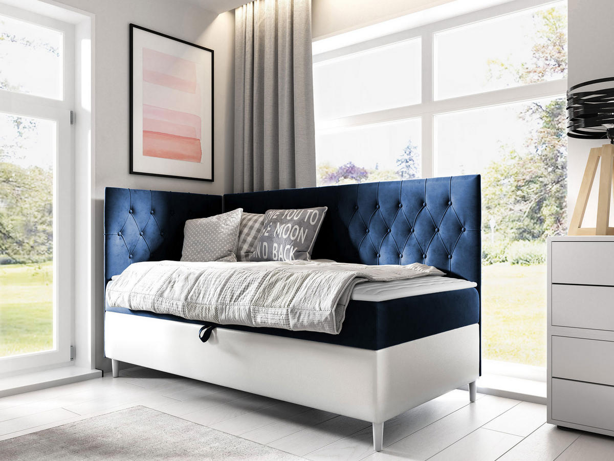 BOXBETT Filip Junior 3, Seite zum Öffnen des Bettkastens: Links - Blau/Weiß, Holz (80/200cm) - MIRJAN24