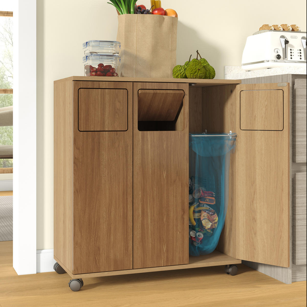 MÜLLSCHRANK DE-38851 69,3/35/80,3 cm 3 Fächer und Rollen Eiche-Optik - Naturfarben, Holzwerkstoff (69.3/80/35cm) - ComfortXL