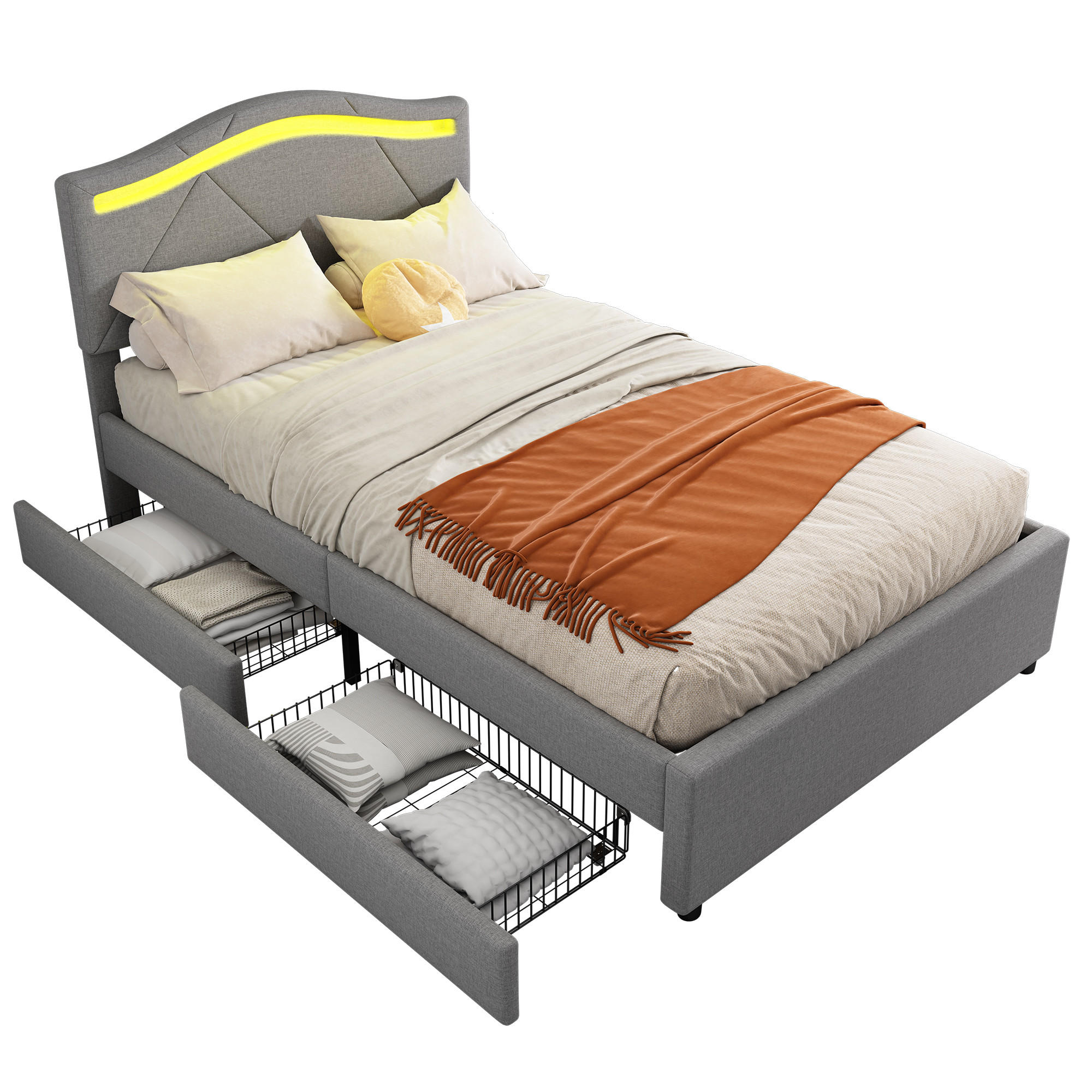 POLSTERBETT 90x200cm Grau Leinen Fernbedienung 2 Schubladen Kopfteil - Grau, Holz (90/200cm) - FLIEKS