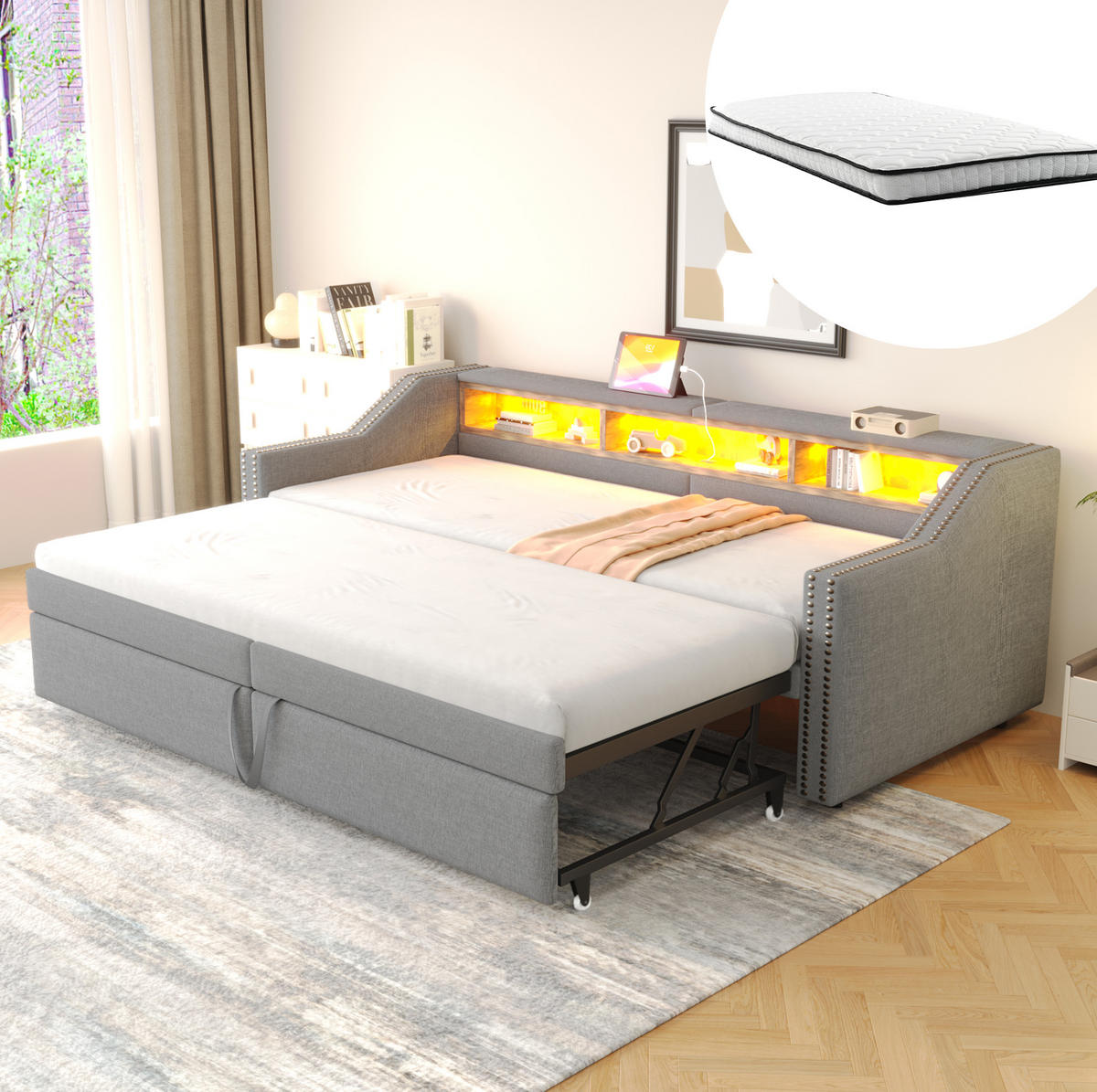 BETT aus Leinen 90/180x200 cm Hellgrau mit Ausziehfunktion, LED-Beleuchtung, USB-Anschluss und 2 Federkernmatratzen - Hellgrau, Textil (90/200cm) - Modfu