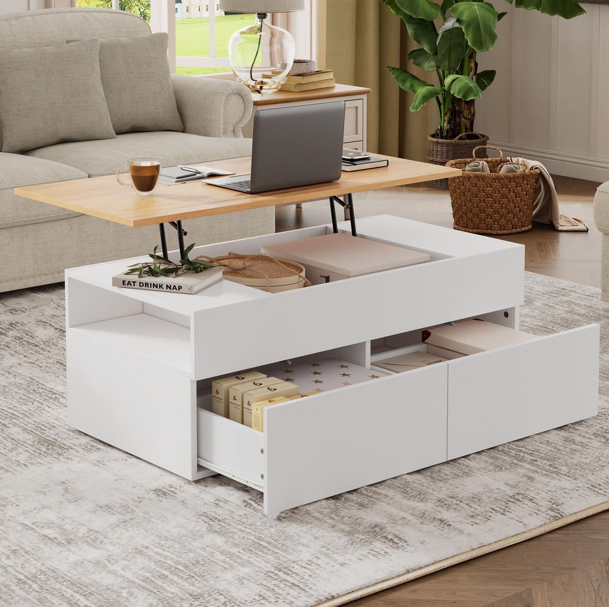 COUCHTISCH 100/50/40 cm weiß aus Spanplatte mit Höhenverstellung und Stauraum - Weiß, Holzwerkstoff (100/50/40cm) - OKMYHOME