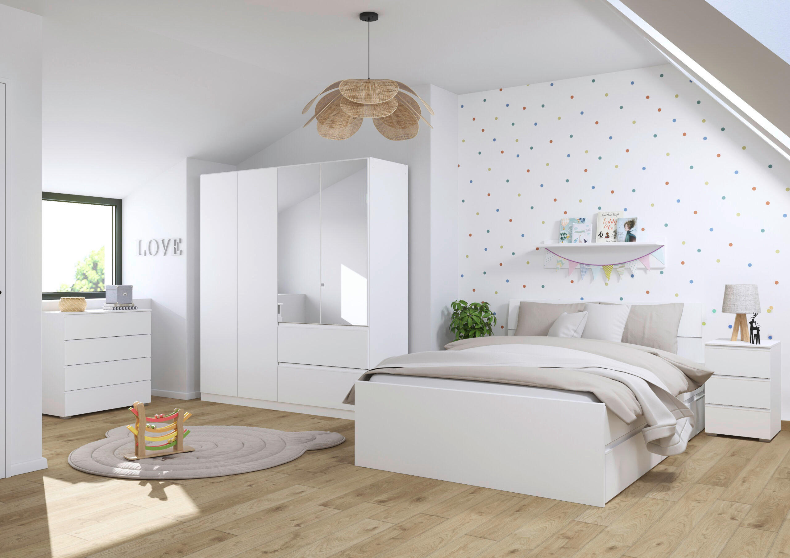 JUGENDZIMMER Joel in Weiß 4 teilig – mit 4türigem Kleiderschrank mit Spiegel, 140er Jugendbett, Nachttisch und Kommode - Weiß, Holzwerkstoff (80/200/120cm)