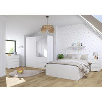 JUGENDZIMMER Joel in Weiß 4 teilig – mit 4türigem Kleiderschrank mit Spiegel, 140er Jugendbett, Nachttisch und Kommode - Weiß, Holzwerkstoff (80/200/120cm)