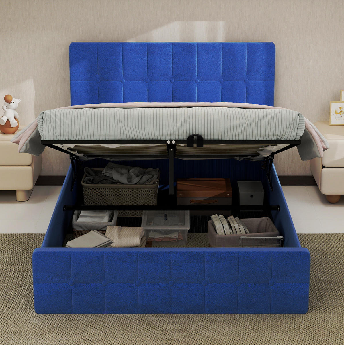 POLSTERBETT 140/200 cm mit Samtbezug und gepolstertem Kopfteil in Karosteppung, Blau - Blau, Textil (140/200cm) - Redom