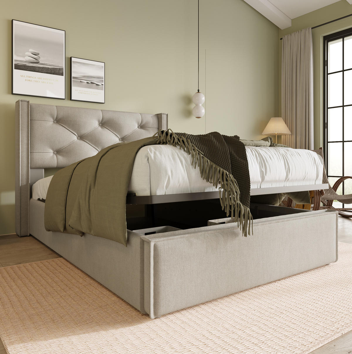 BETT mit Bettkasten 90x200 cm Baumwolle Hellgrau - Hellgrau, Metall (90/200cm) - Beauniv