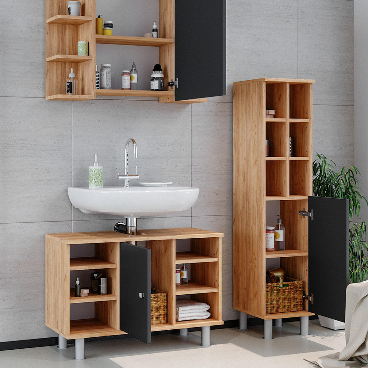 BADMÖBEL-SET Fynn Goldkraft Eiche 3 Teile, mit Midischrank Tür groß - Honigeiche/Anthrazit, Holzwerkstoff (60/54/32cm) - Vicco