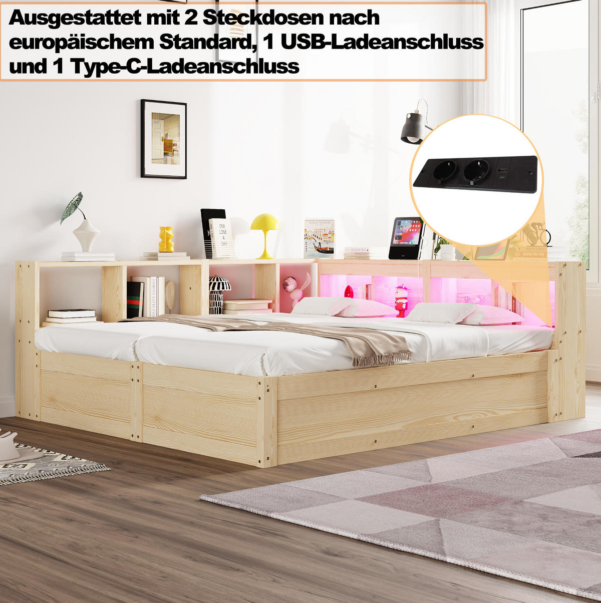BETT 90/180/200 cm aus MDF mit LED, Naturholz - Naturfarben, Holzwerkstoff (90/200cm) - OKMYHOME