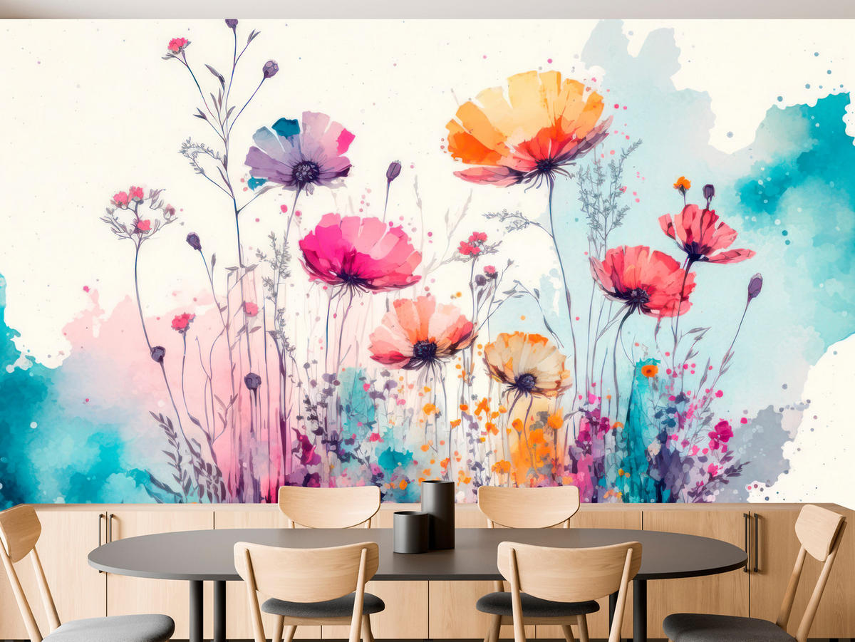 FOTOTAPETE für Schlafzimmer Abstrakte Bunte Wiesenblumen Aquarell 250x175 - Türkis/Rot, Papier (250/175cm) - Muralo