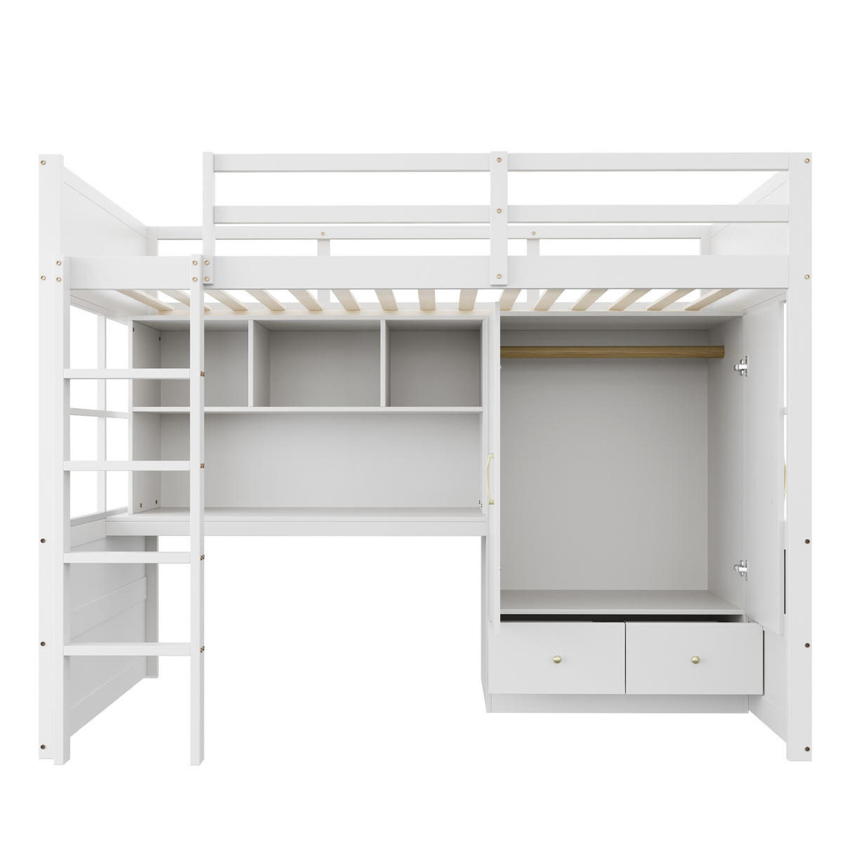 HOCHBETT 90/200 cm Weiß aus Holz mit Schreibtisch Stauraum und Kleiderschrank - Weiß, Holzwerkstoff (90/200cm) - OKWISH