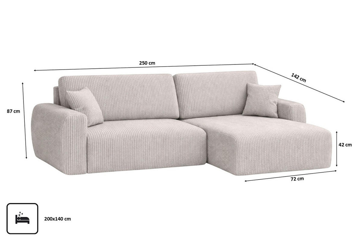 ECKSOFA Mit Schlaffunktion Ariel L, Cordstoff, Stoff Poso, Beige, Rechts - Beige, Holz (250/142cm) - Kaiser Möbel