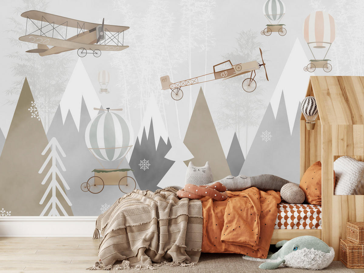 FOTOTAPETE für Kinderzimmer Flugzeuge Bergen Bäume 500x350 - Beige/Braun, Papier (500/350cm) - Muralo