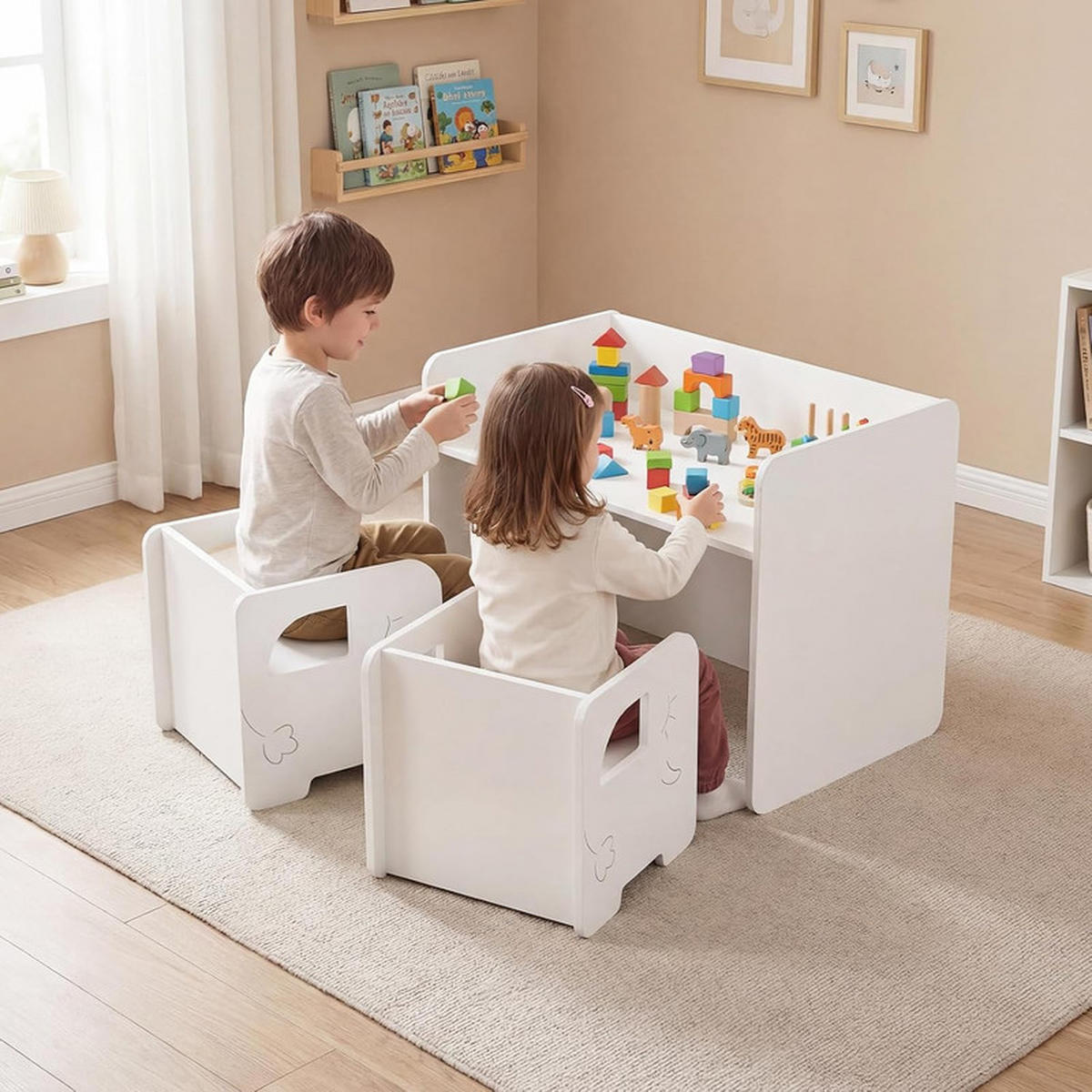 KINDERTISCH mit Stuhl weiß(3-tlg) - Weiß, Holzwerkstoff (62.5/40/48cm) - COSTWAY