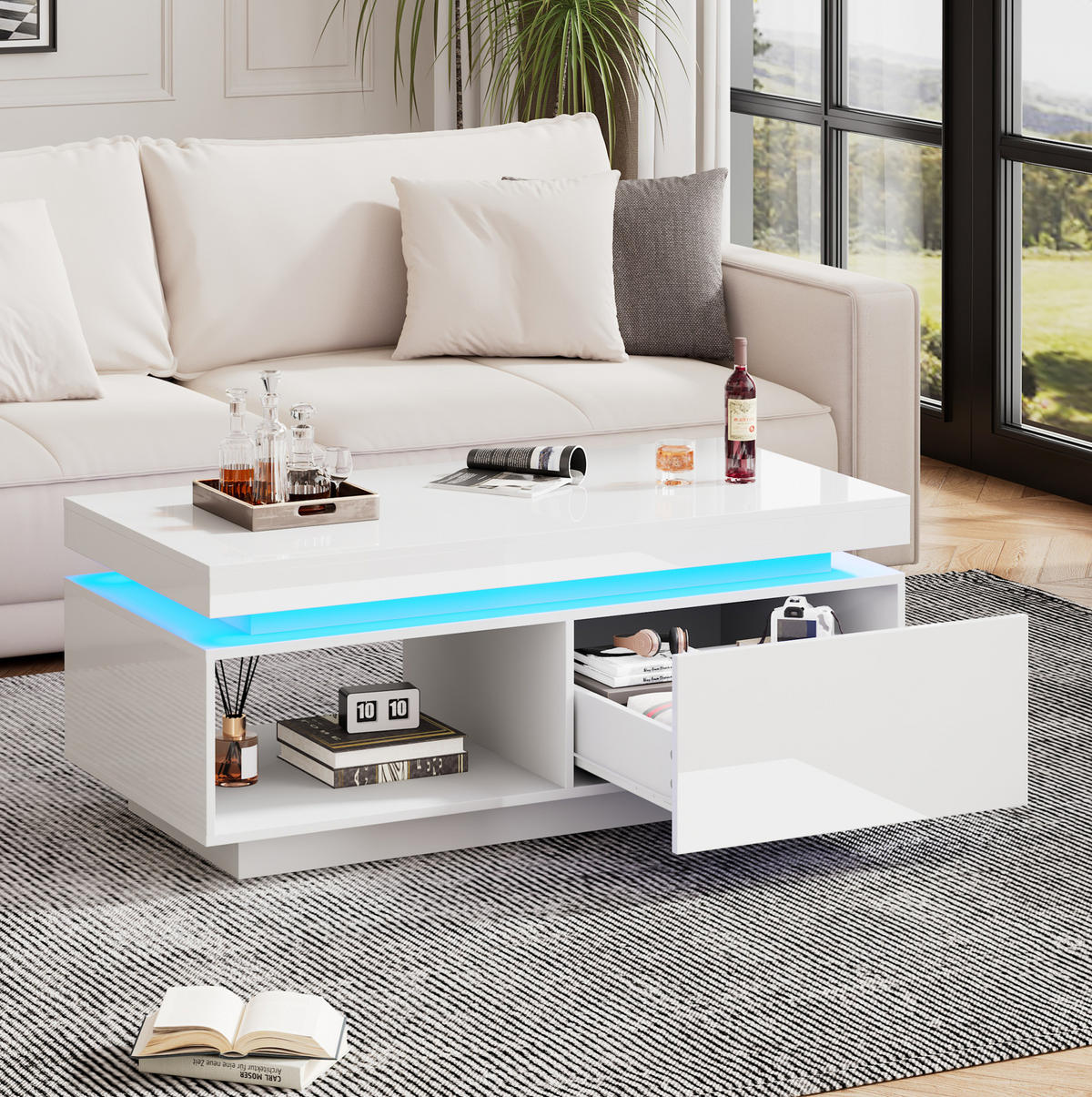 KLUBSKA miza 100/50/40,3 cm z LED osvetlitvijo in predalom, Bela - bela, leseni material (100/50/40.3cm) - Redom
