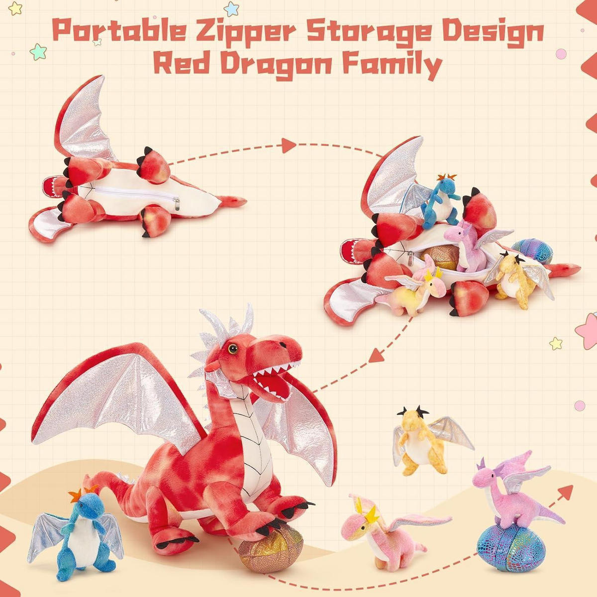 PLÜSCHTIER Drache mit Babys 55 cm Rot - Multicolor, Textil (53/55cm)