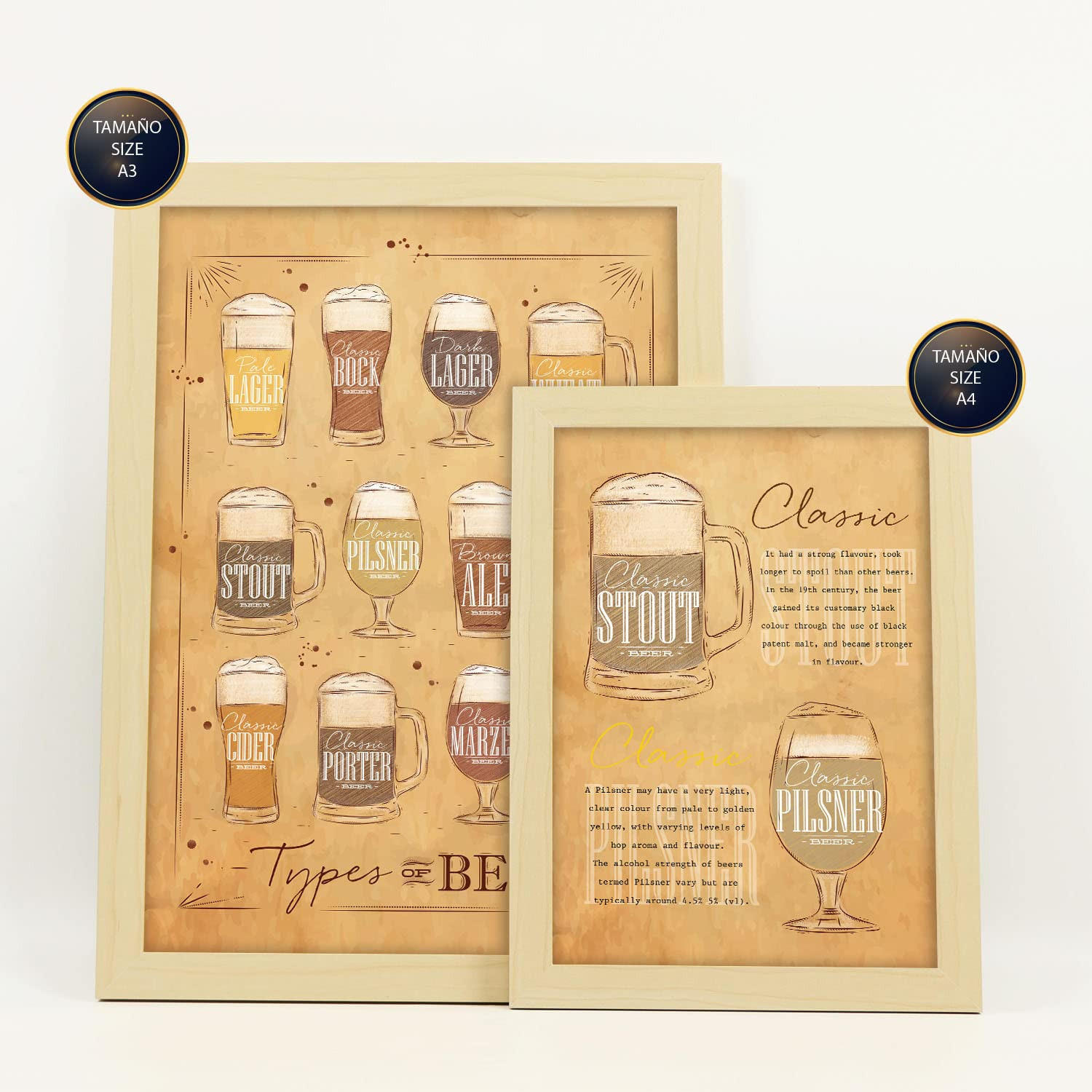 POSTER Set Mit 6 Biersorten Braun Vollfarbige Illustrationen Von Kaffee & Getränken Im Werbetafel Illustrationen A3 & A4 Rahmen Aus Hellem Holz - Beige, Papier (29/3cm) - Nacnic
