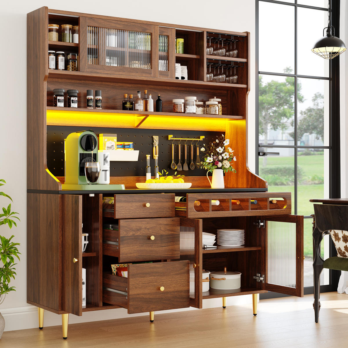 BUFFET LED 145x39x171cm Weinregal Walnuss - Walnussfarben, Glas (145/171/39cm) - FLIEKS