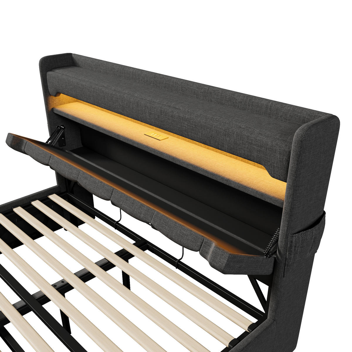 POLSTERBETT 160/200 cm Grau mit Stauraum und USB-Port Mit Matratze - Grau, Textil (160/200cm) - OKWISH