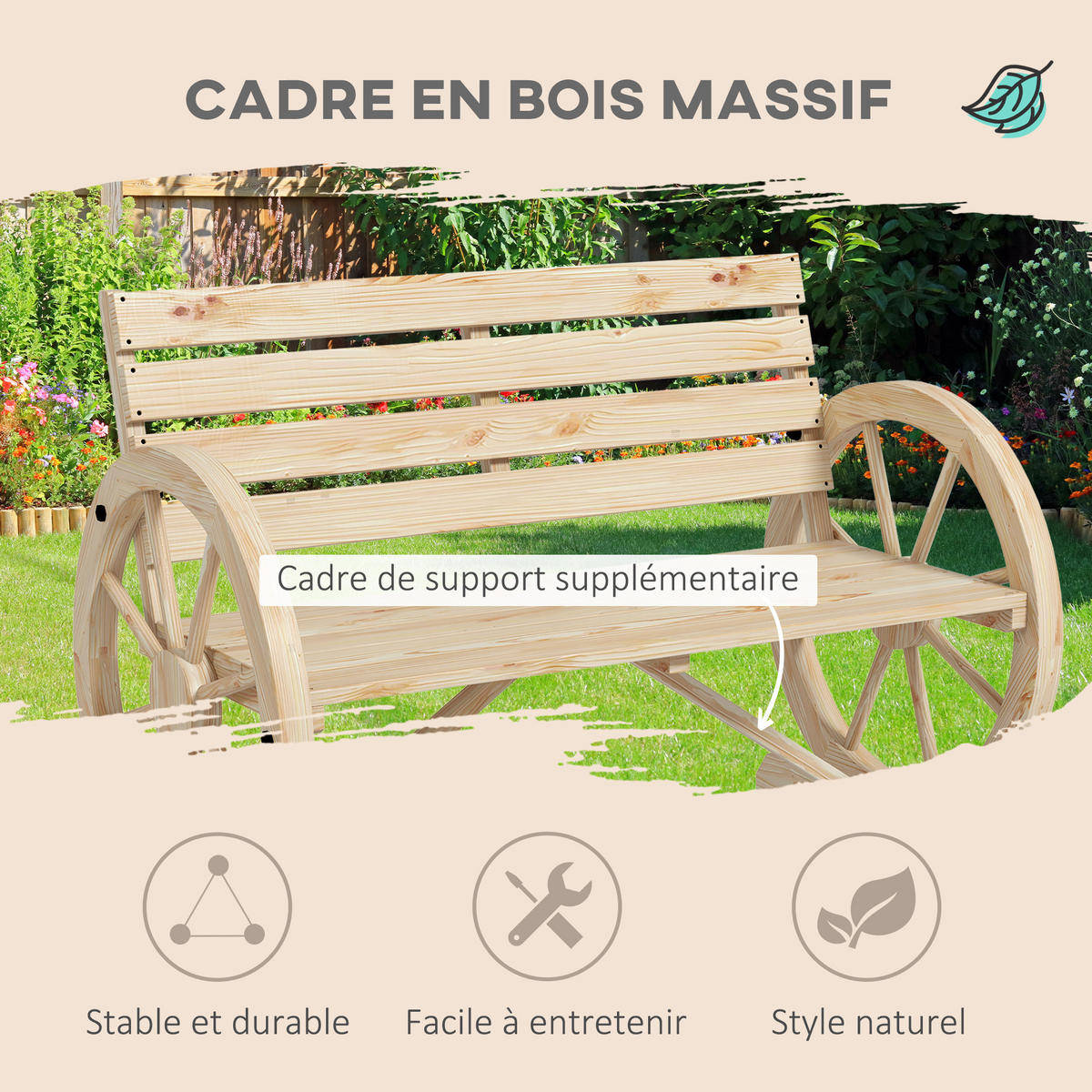 GARTENBANK DE-17785 3-Sitzer mit Wagenrad-Armlehnen Natur - Naturfarben, Holz (105.5/79/56cm) - ComfortXL