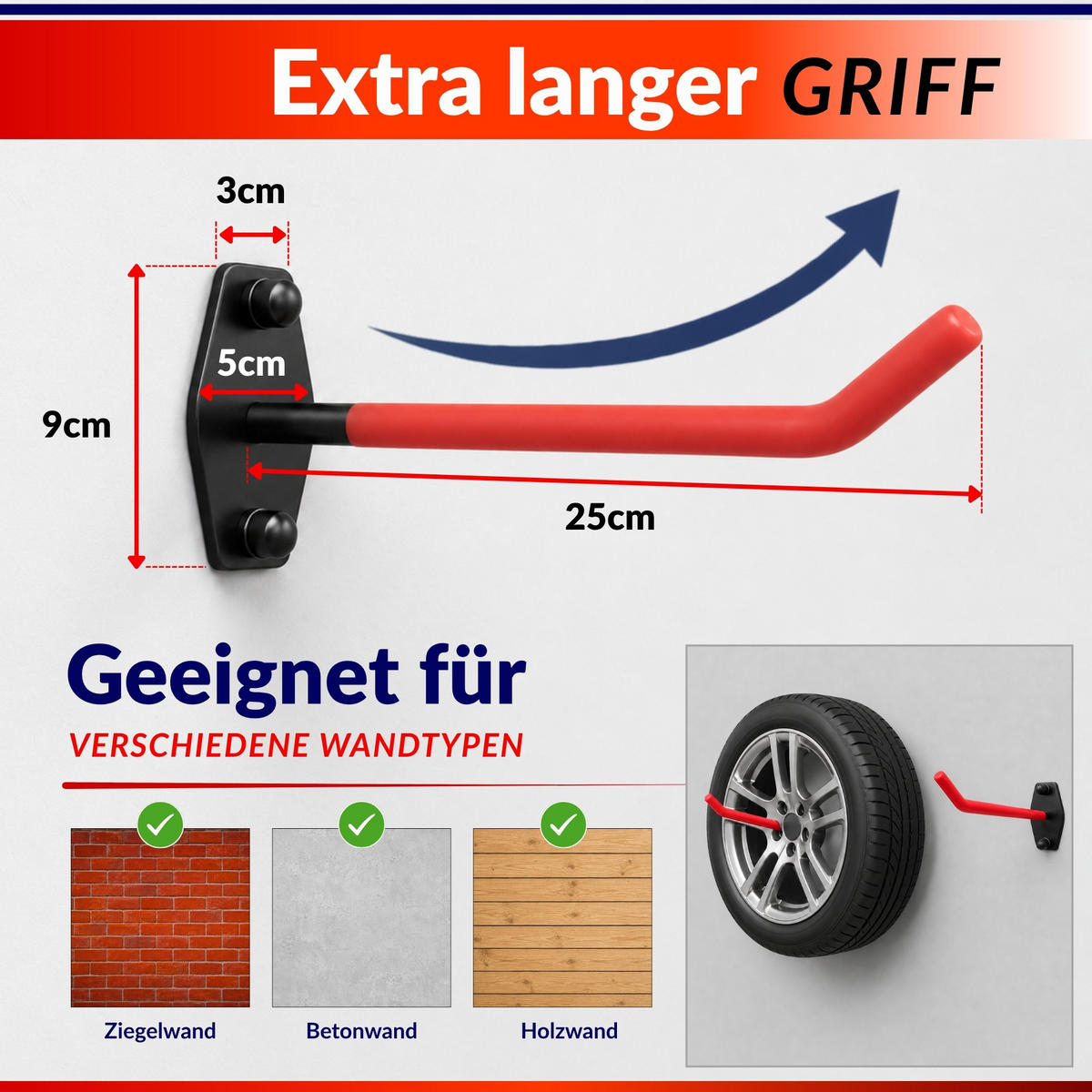 REIFENHALTER Wandhalterung PREX 8er Reifen Set HxBxT 9x5x25 cm Traglast 30 kg Rot Set für Garage Zum Anschrauben mit hoher Qualität - Rot, Metall (25/5/9cm) - PROREGAL