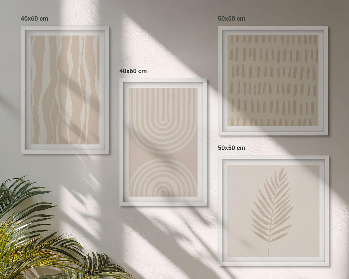 BILDER SET 4er Set - 50x50 cm & 40x60 cm Weißer Rahmen - Beige Pflanzenmuster - Weiß, Kunststoff (50/50cm) - TULUP