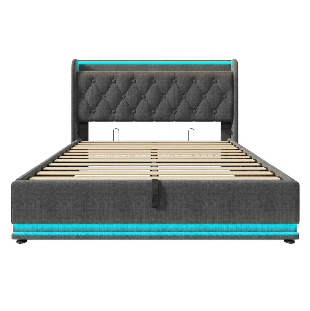 POLSTERBETT 140/200 cm aus Leinenstoff mit LED-Beleuchtung, USB-Typ-C und hydraulischem Bettkasten, und Matratze,Grau - Grau, Textil (140/200cm) - Redom