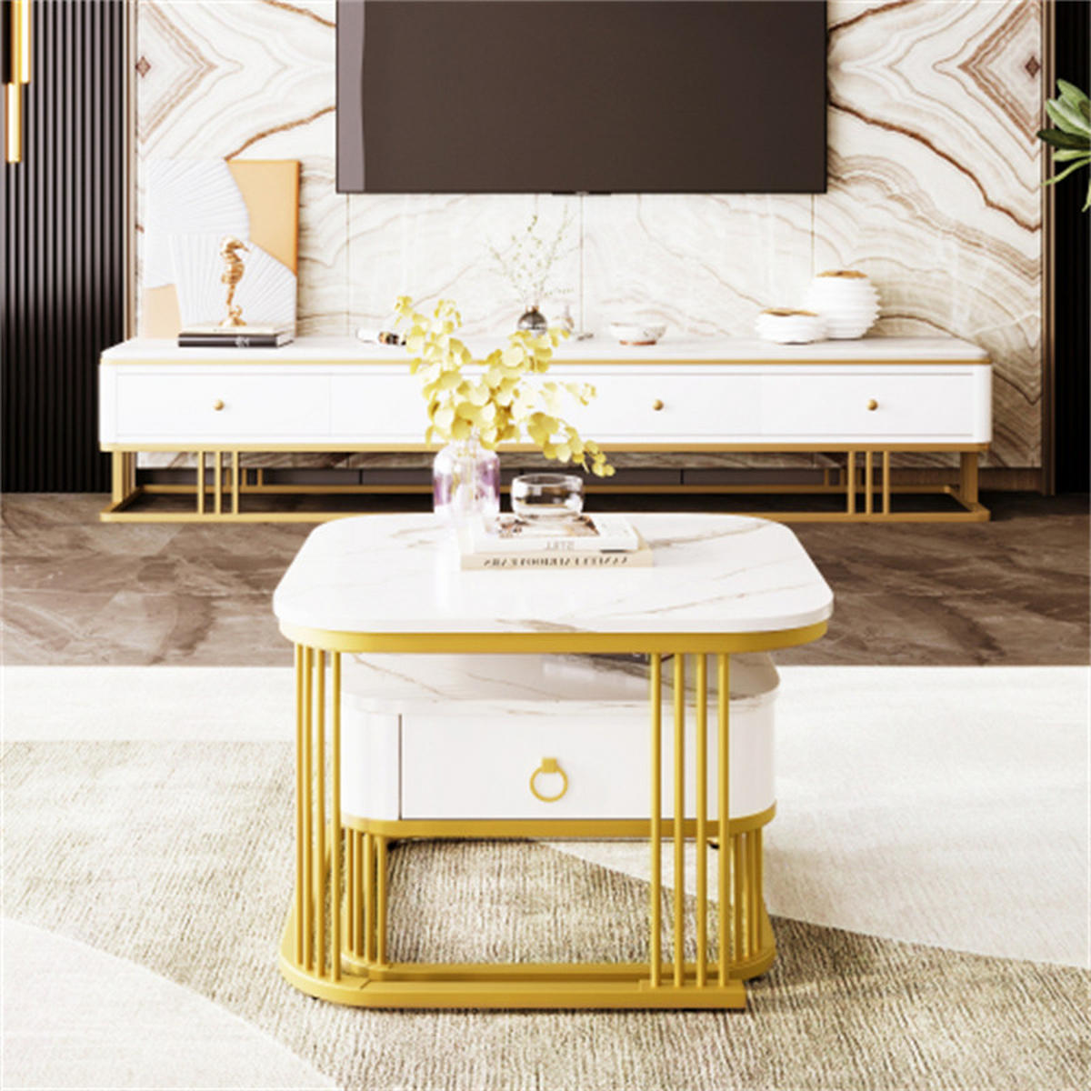 COUCHTISCH-SET 2-teilig mit Schubladen, Marmoroptik weiß/gold, 60x60x45 cm - Weiß, Holzwerkstoff (60/60/45cm) - Blomus