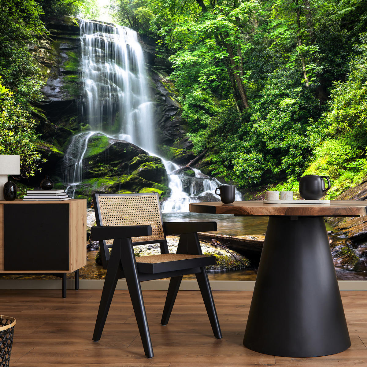 FOTOTAPETE Wasserfall im Dschungel Bäume Felsen 3D 450x315 - Braun/Weiß, Papier (450/315cm) - Muralo