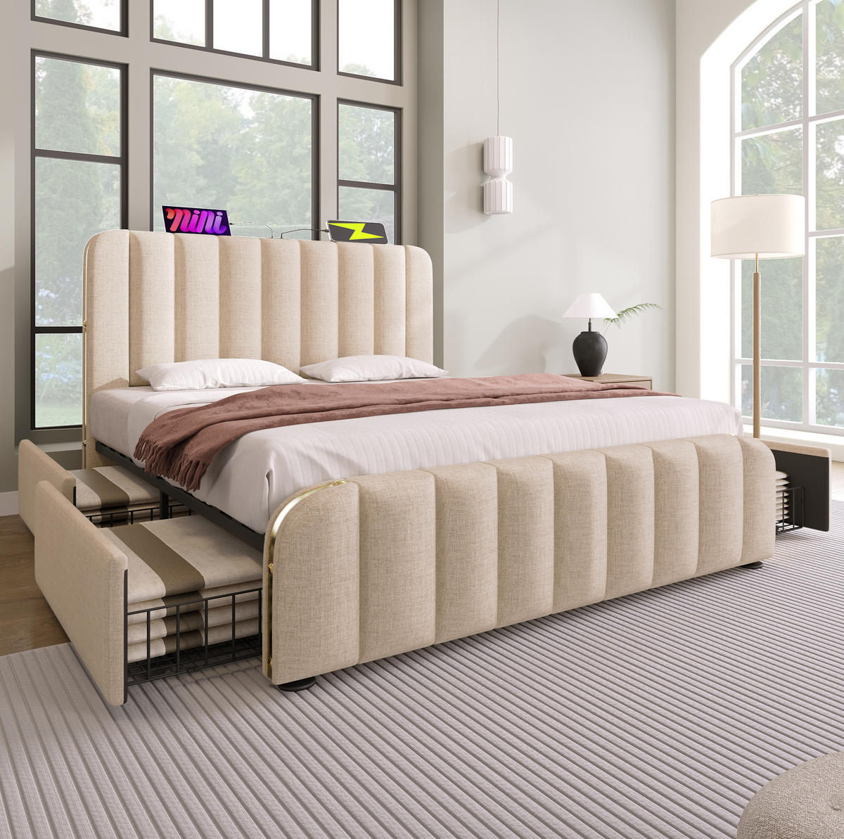 POLSTERBETT mit USB und 4 Schubladen 160x200 cm Leinen Beige - Beige, Metall (160/200cm) - Meubliv