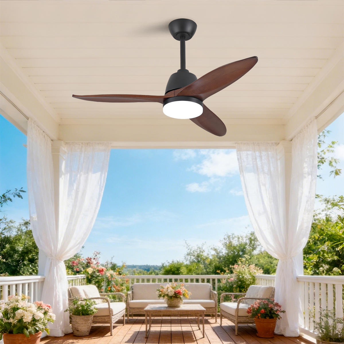 DECKENVENTILATOR DE-16250 36 Zoll mit Steuergriff & LED Naturholz - Walnussfarben, Holz (107/107/45cm) - ComfortXL