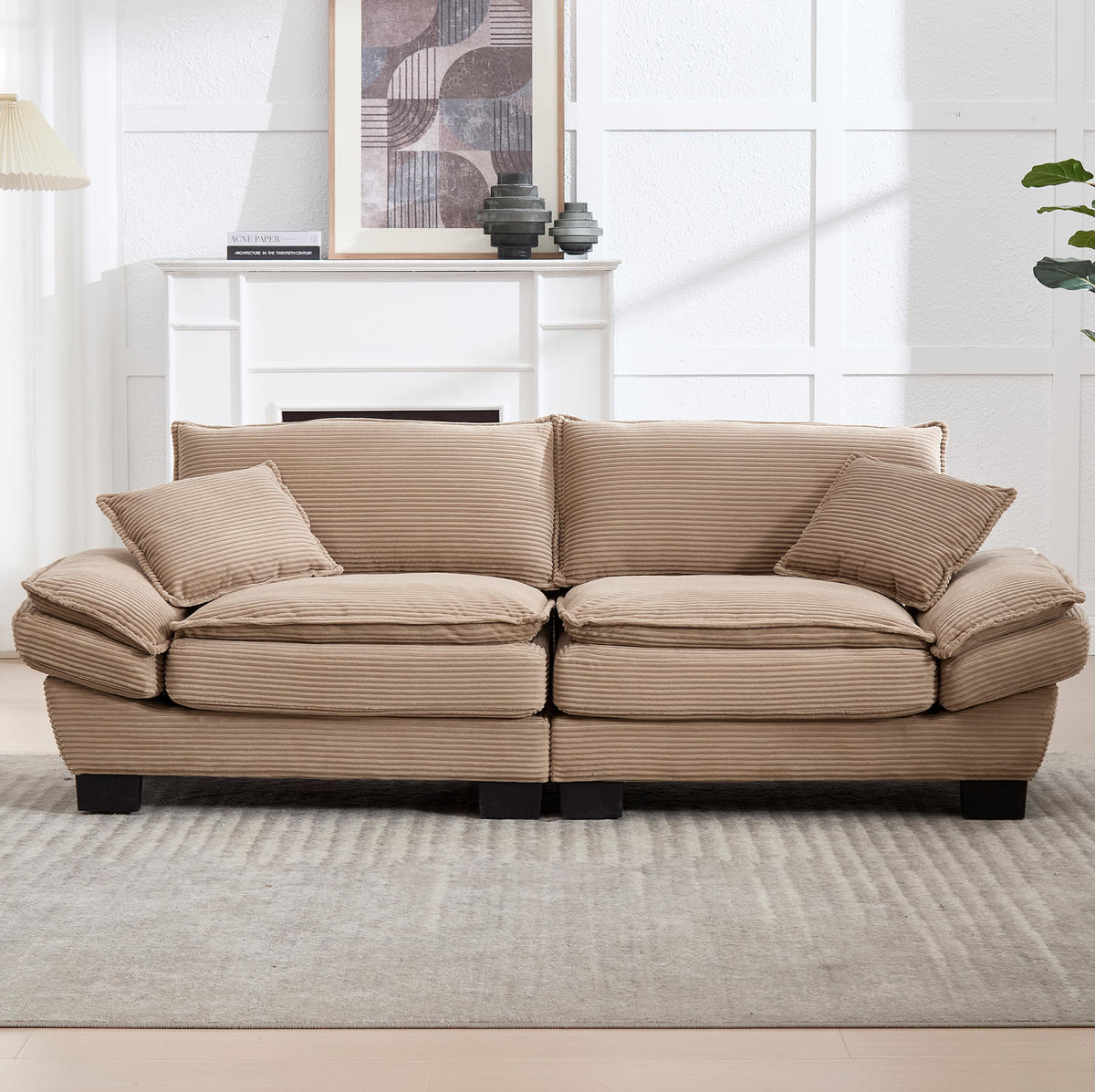 2-SITZER Sofa aus Samt 224x81x81 cm Khaki mit ultratiefem Sitz, 2 Kissen und gepolsterten Armlehnen - Naturfarben, Textil (81/81/224cm) - Modfu