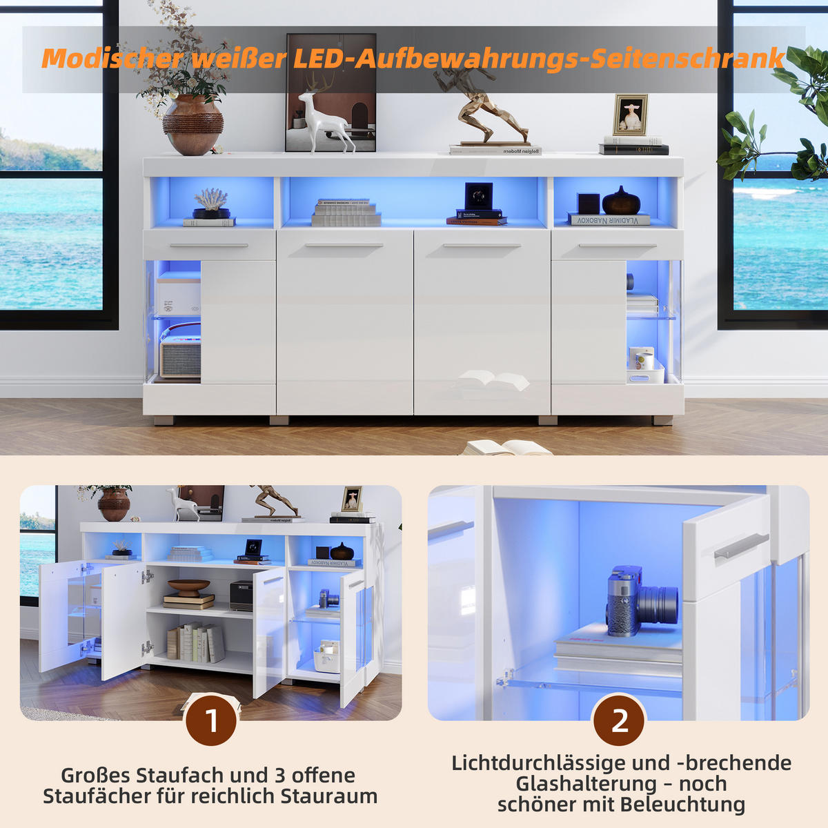 SIDEBOARD, LED, 3 Fächer, Glas, Weiß, 140x40x70cm - Weiß, Holzwerkstoff (40/70/140cm) - FLIEKS