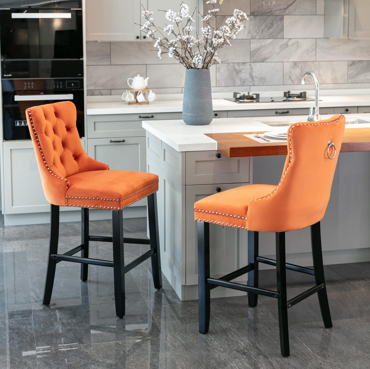BARHOCKER mit hoher Rückenlehne Samt Orange 2er-Set - Orange, Holz (50/103/60cm) - Meubliv