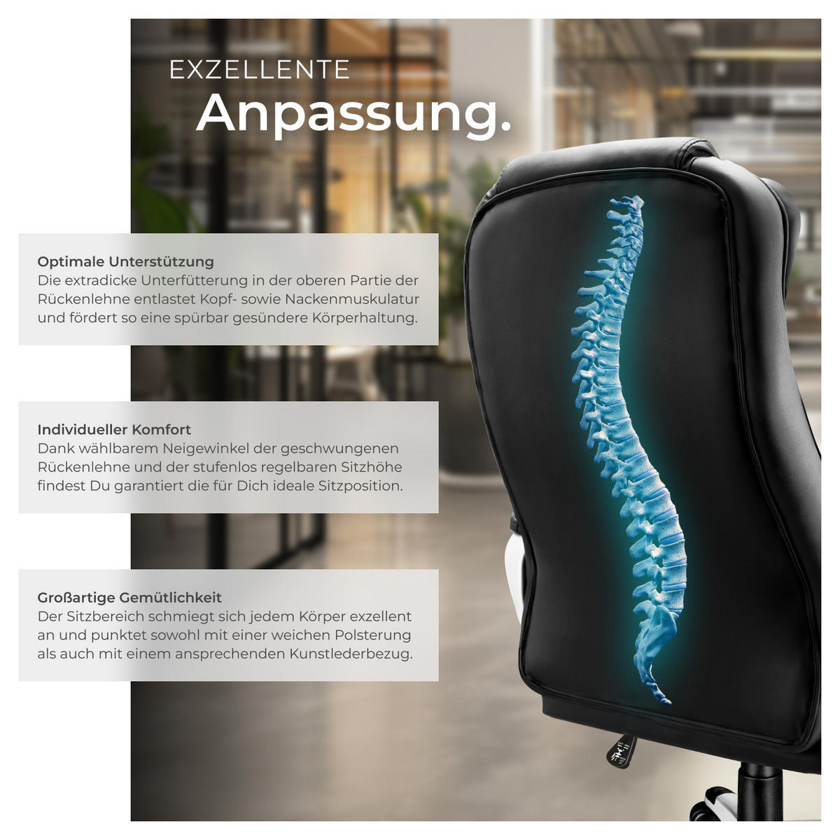 BÜROSTUHL Zulu,einstellbare Wippfunktion,schwarz - Schwarz, Leder (53/55/53cm) - tectake