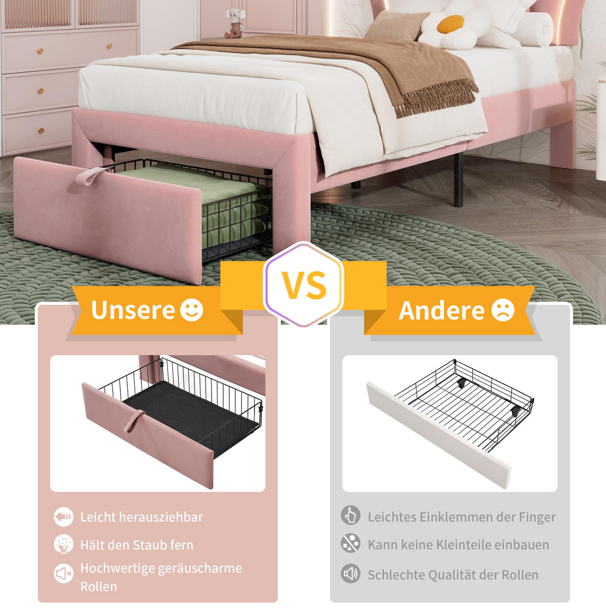 JUGENDBETT 90/190 cm aus Samt mit LED-Beleuchtung, Schublade und höhenverstellbarem Kopfteil Rosa - Rosa, Textil (90/190cm) - Modenvie