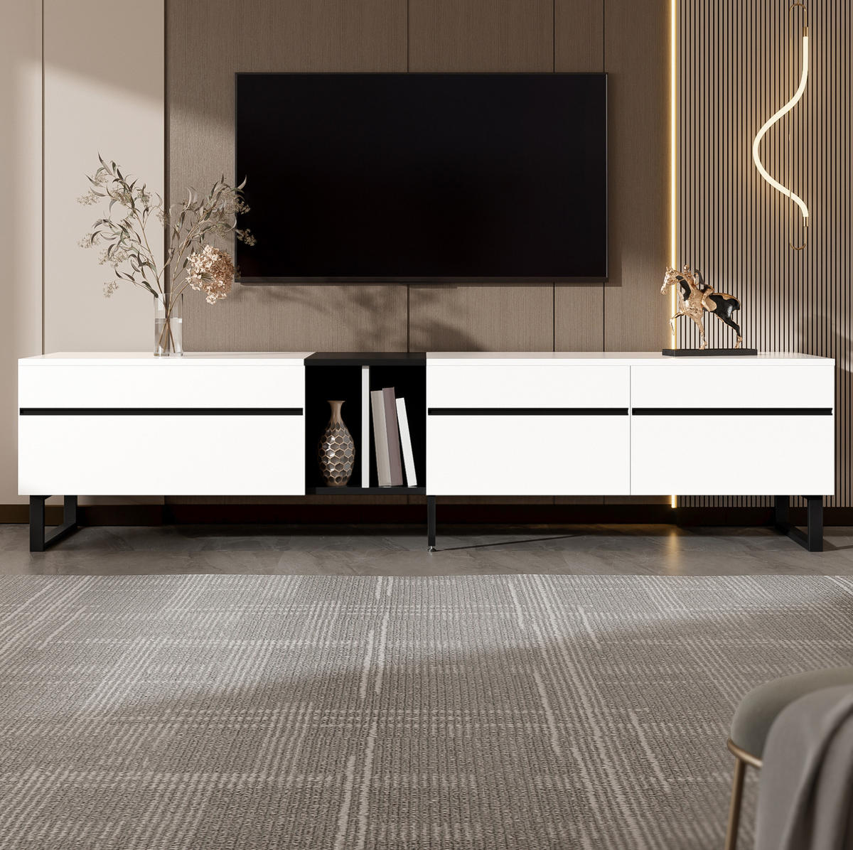 TV stolek 180 cm s klopným boxem, otevřeným prostorem a dvířky, stabilní nohy s nastavením, Bílá - bílá, kompozitní dřevo (180/45/38cm) - Redom