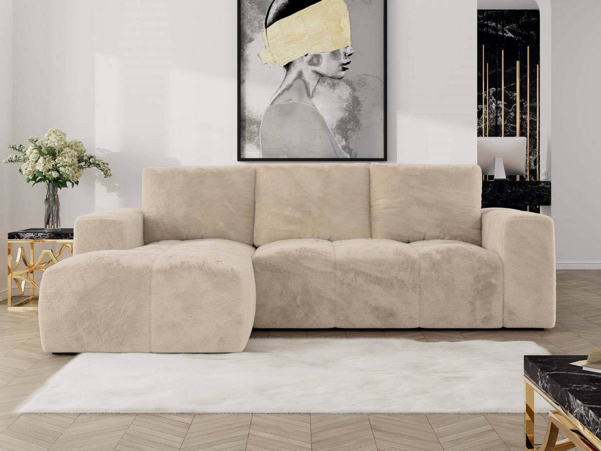 ECKSOFA MONIVA Creme Plüsch - Links - Creme/Schwarz, Textil (164/266cm) - MKS