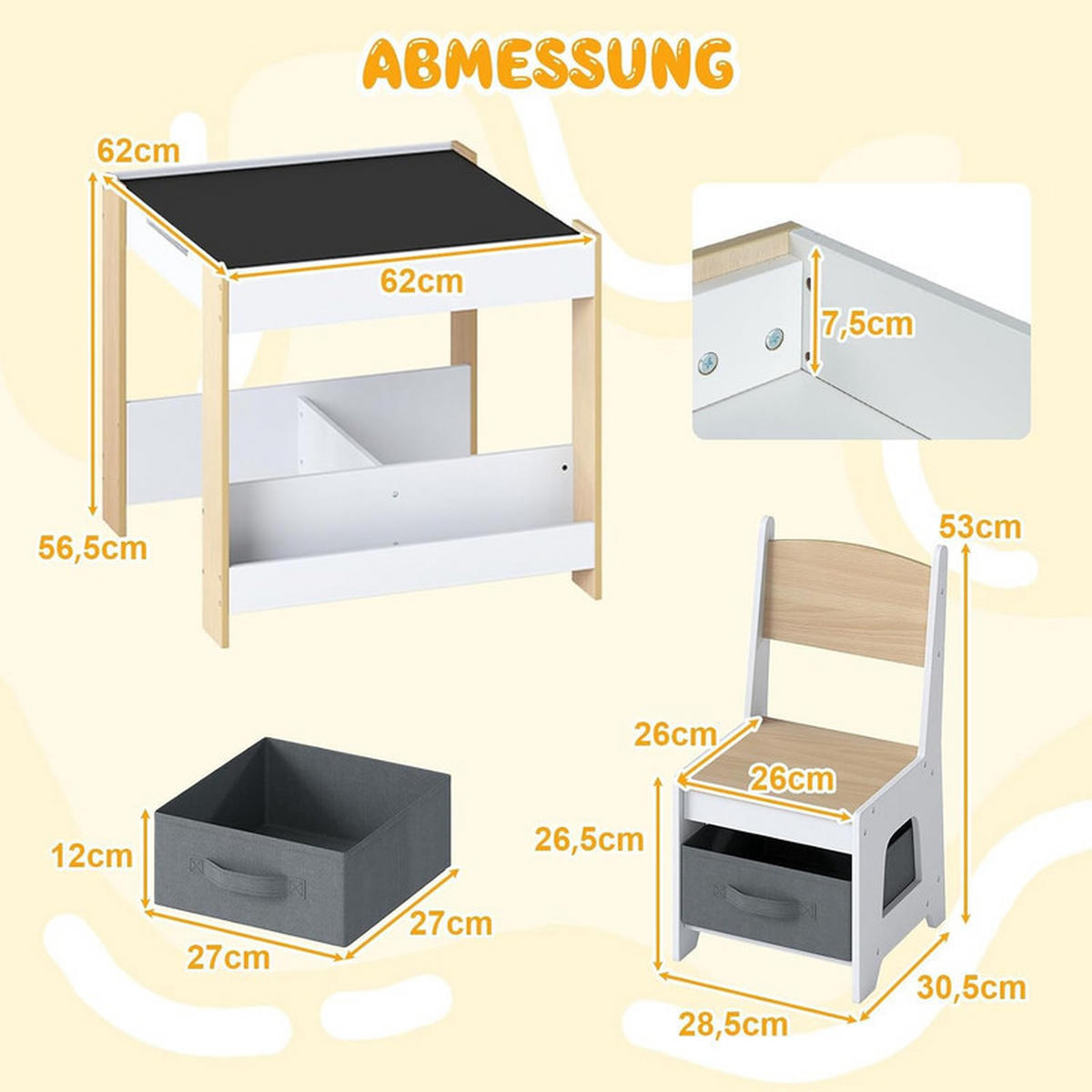 KINDERTISCH mit Stuhl natur(3-tlg) - Naturfarben, Holzwerkstoff (62/56.5/62cm) - COSTWAY
