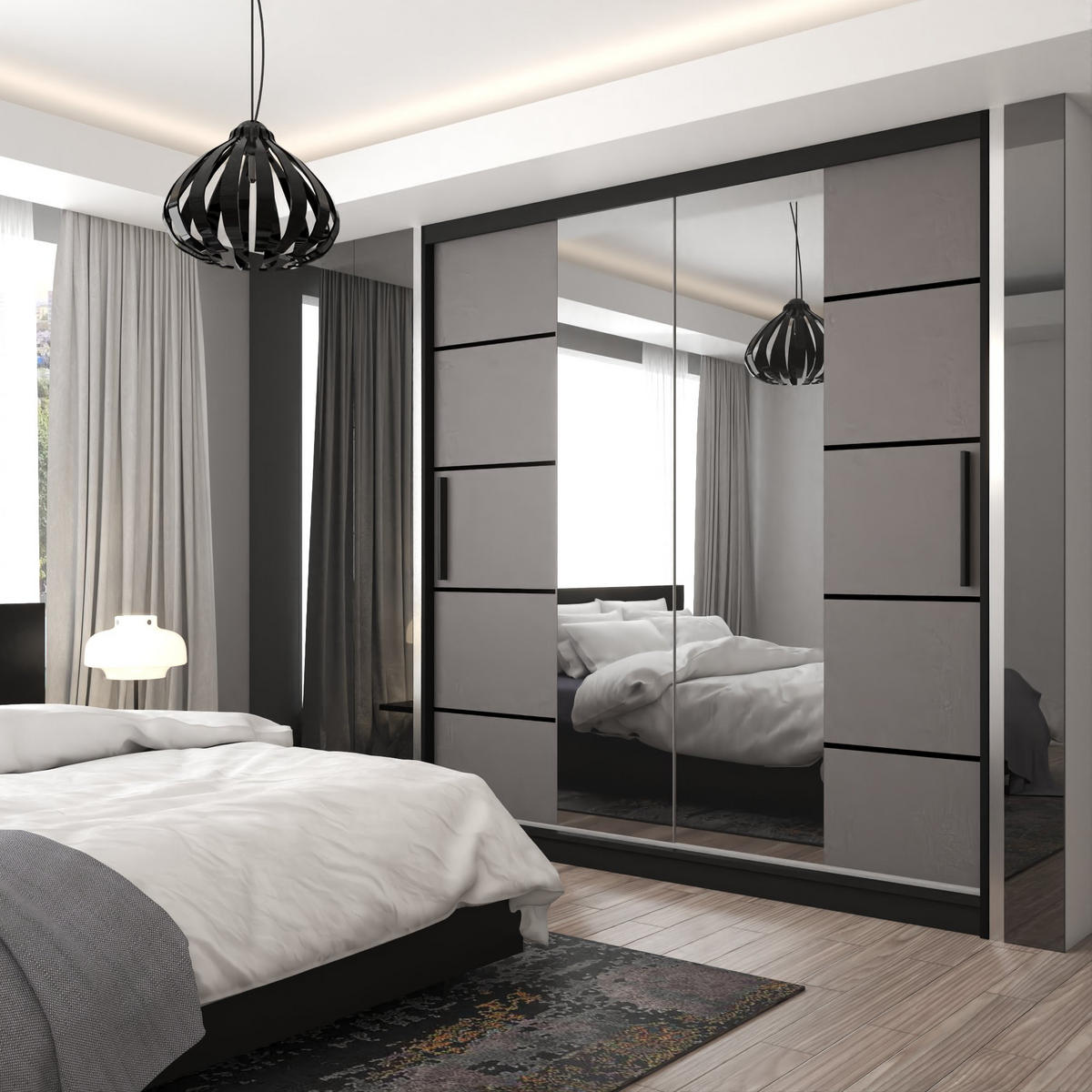 SCHWEBETÜRENSCHRANK Verona ME, Schwarz/Grau Matt, 200 cm, mit Spiegel - Grau, Holz (200/216/60cm) - B BELINI GROUP