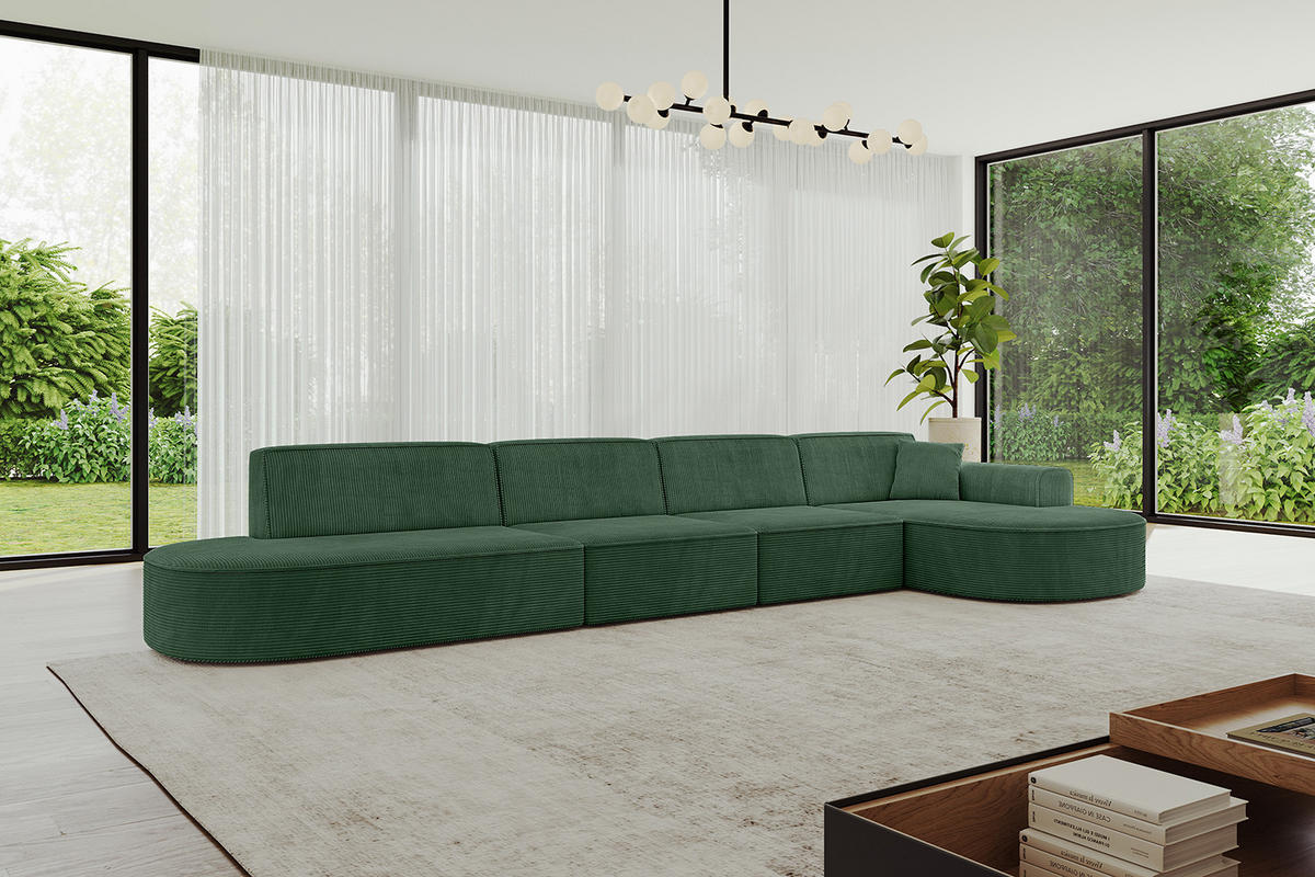 ECKSOFA Ottomane Rechts MARI-L3 - 402x163x73,5 cm Grün Cord - Schwarz/Grün, Holzwerkstoff/Kunststoff (402/163cm) - ALTDECOR